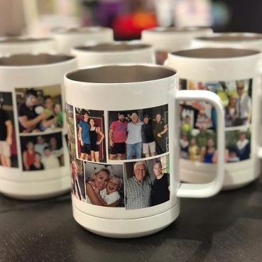 Mugs with a collage of family pictures on it.