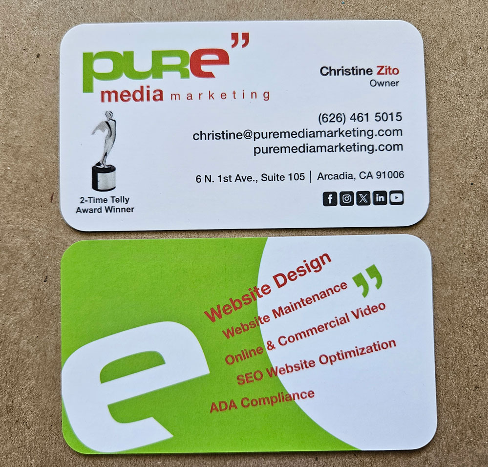 Business card for Pure Media Marketing designed by Imprintability.